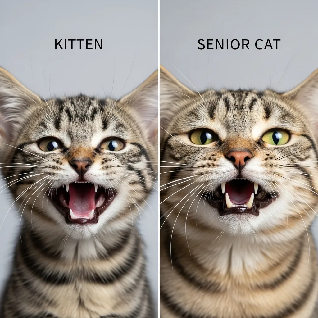 Visual cat age estimation guide comparing kitten vs senior teeth and whisker condition
