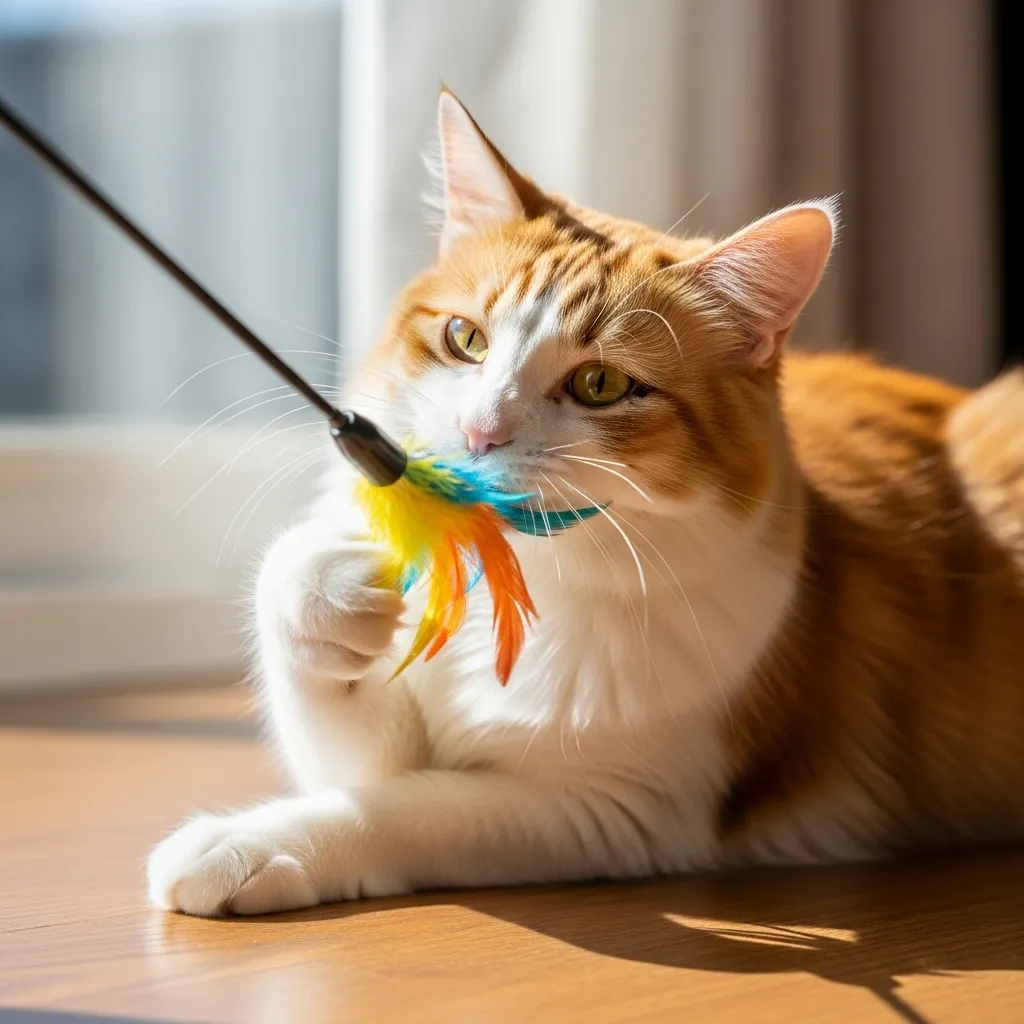 Fully recovered cat enjoying safe play 4 weeks after spay surgery