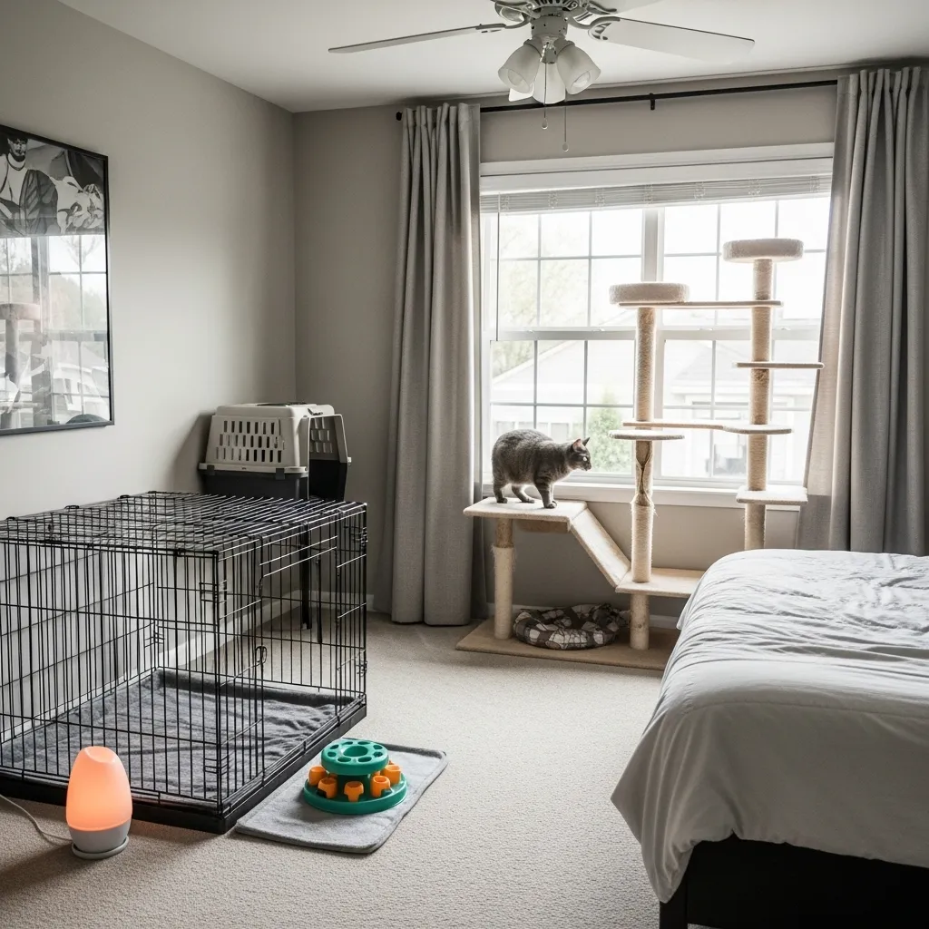 Ideal cat recovery room setup with safe enrichment items
