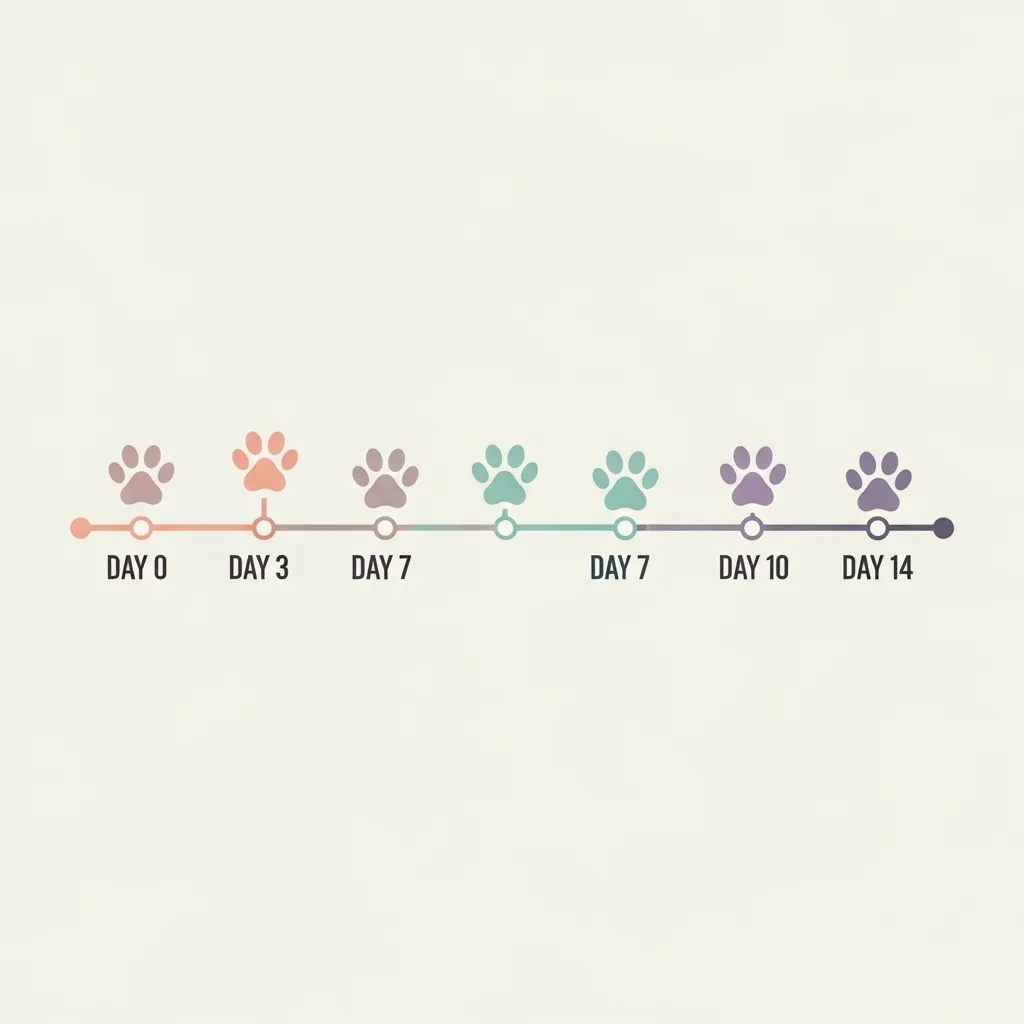 Cat spay healing timeline infographic showing internal recovery stages
