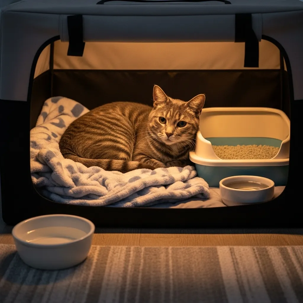 Cat resting calmly in safe recovery crate after spay surgery