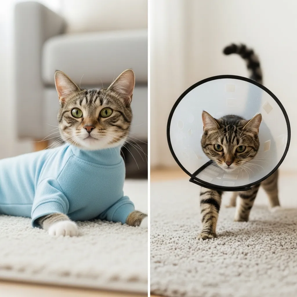 Cat cone alternatives like recovery suits prevent jumping and licking after surgery.