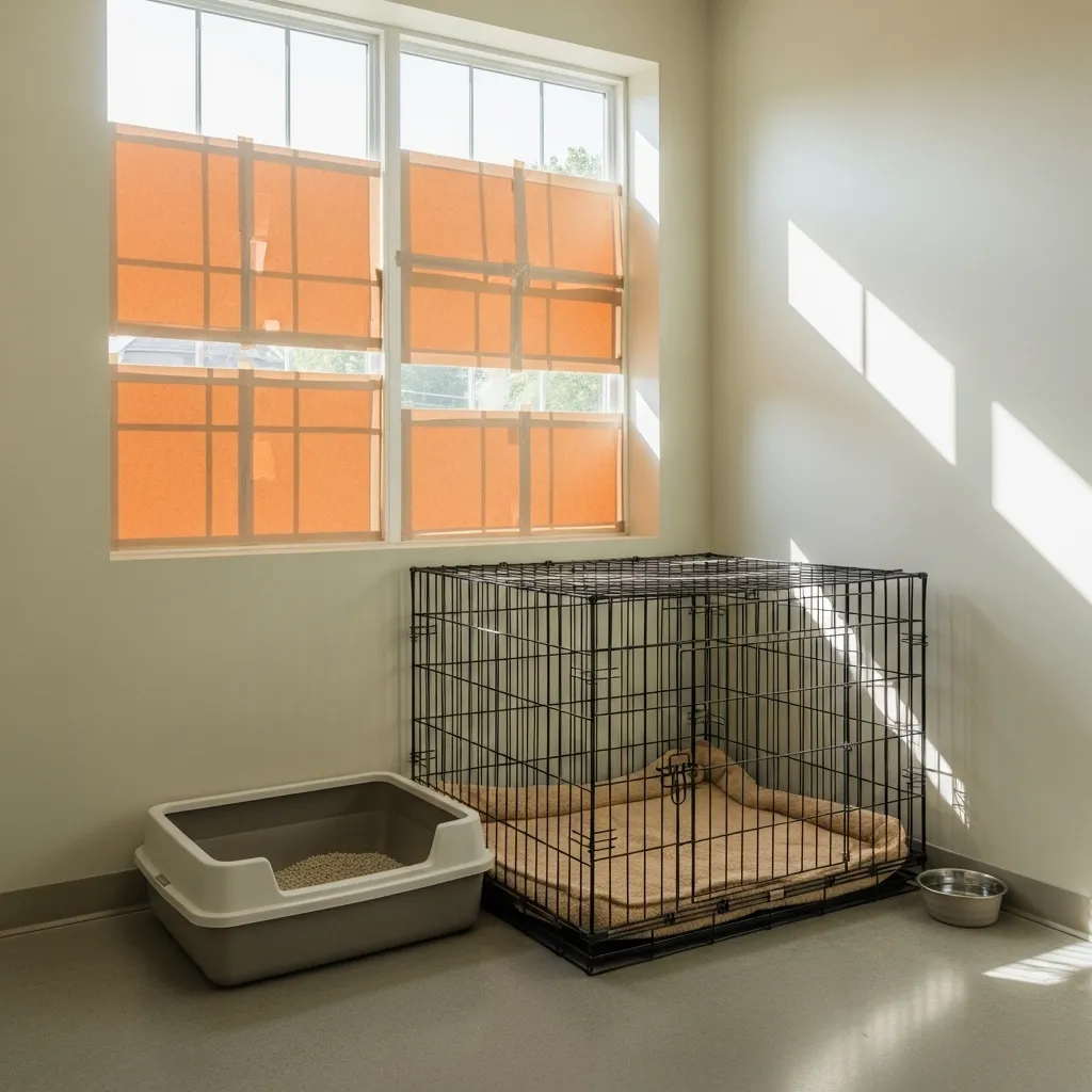  Best recovery space setup for cats with no high surfaces and cozy bedding.