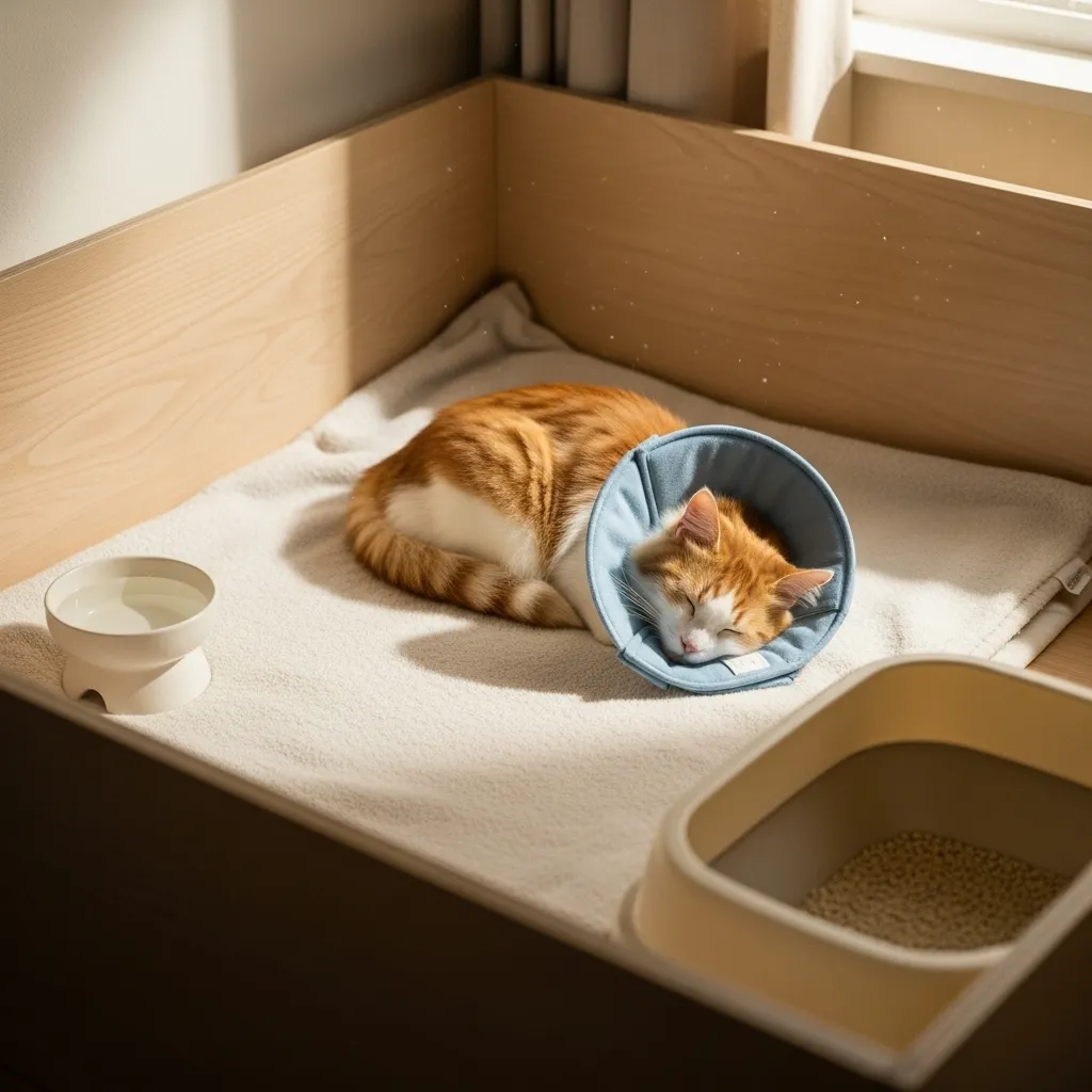 Safe recovery space setup for cats post-surgery with low access points to prevent jumping.
