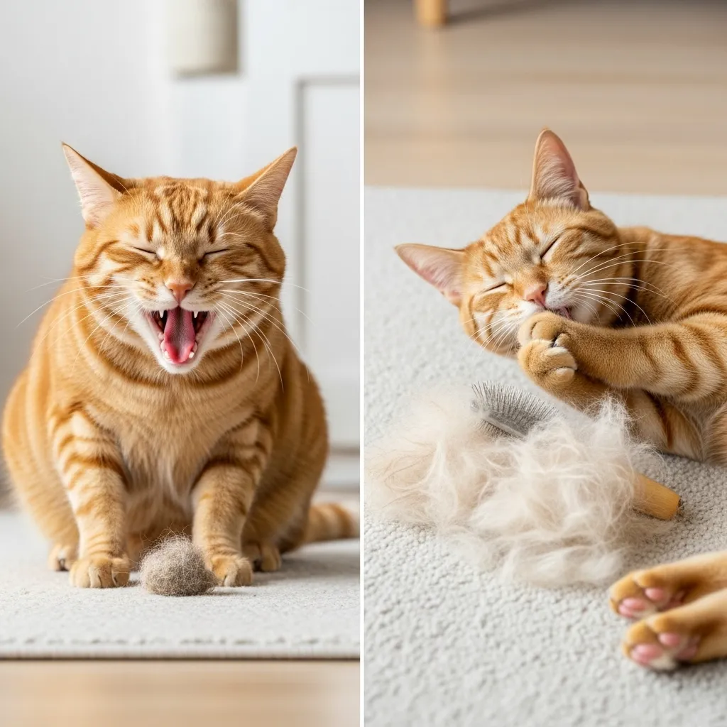 Brushing prevents cat hairballs – before and after grooming.