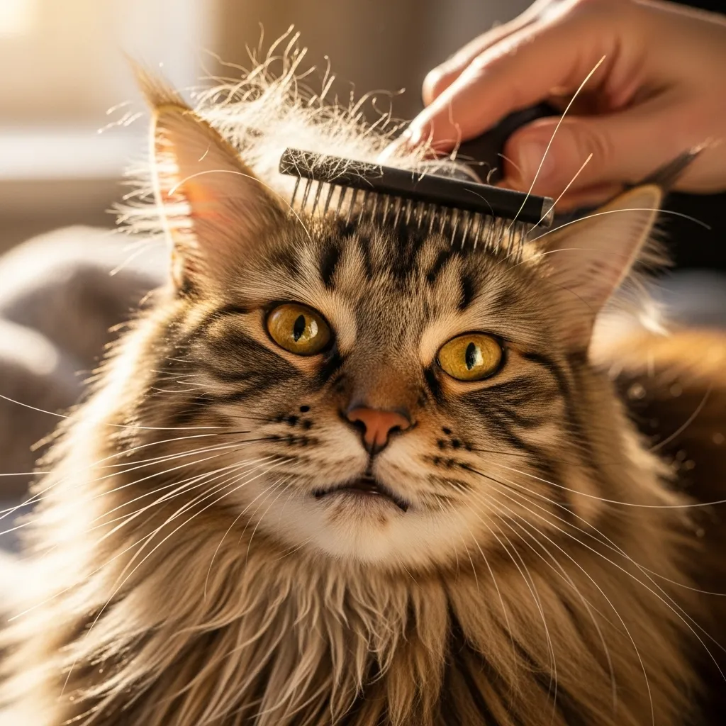Long-haired cat enjoying brushing session for healthy coat care.
