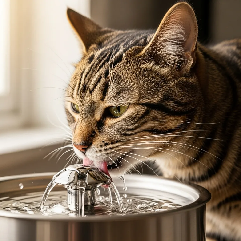 Cat drinking from fountain – proper hydration prevents dehydration in cats