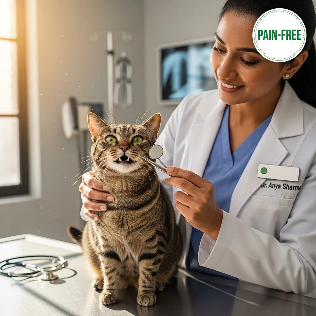 Veterinarian performing cat dental check-up with mirror to assess feline oral health