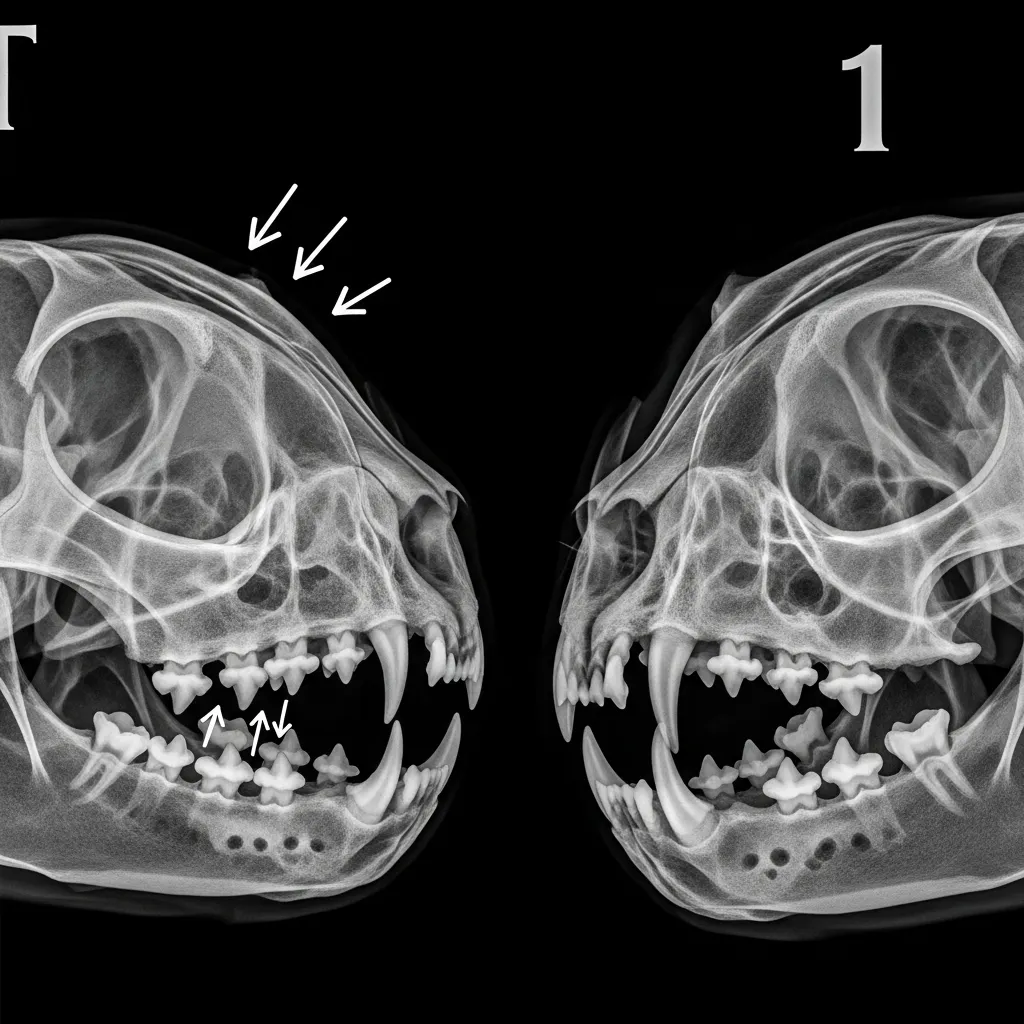 X-ray comparison of kitten vs adult cat teeth showing dental development from 26 to 30 teeth