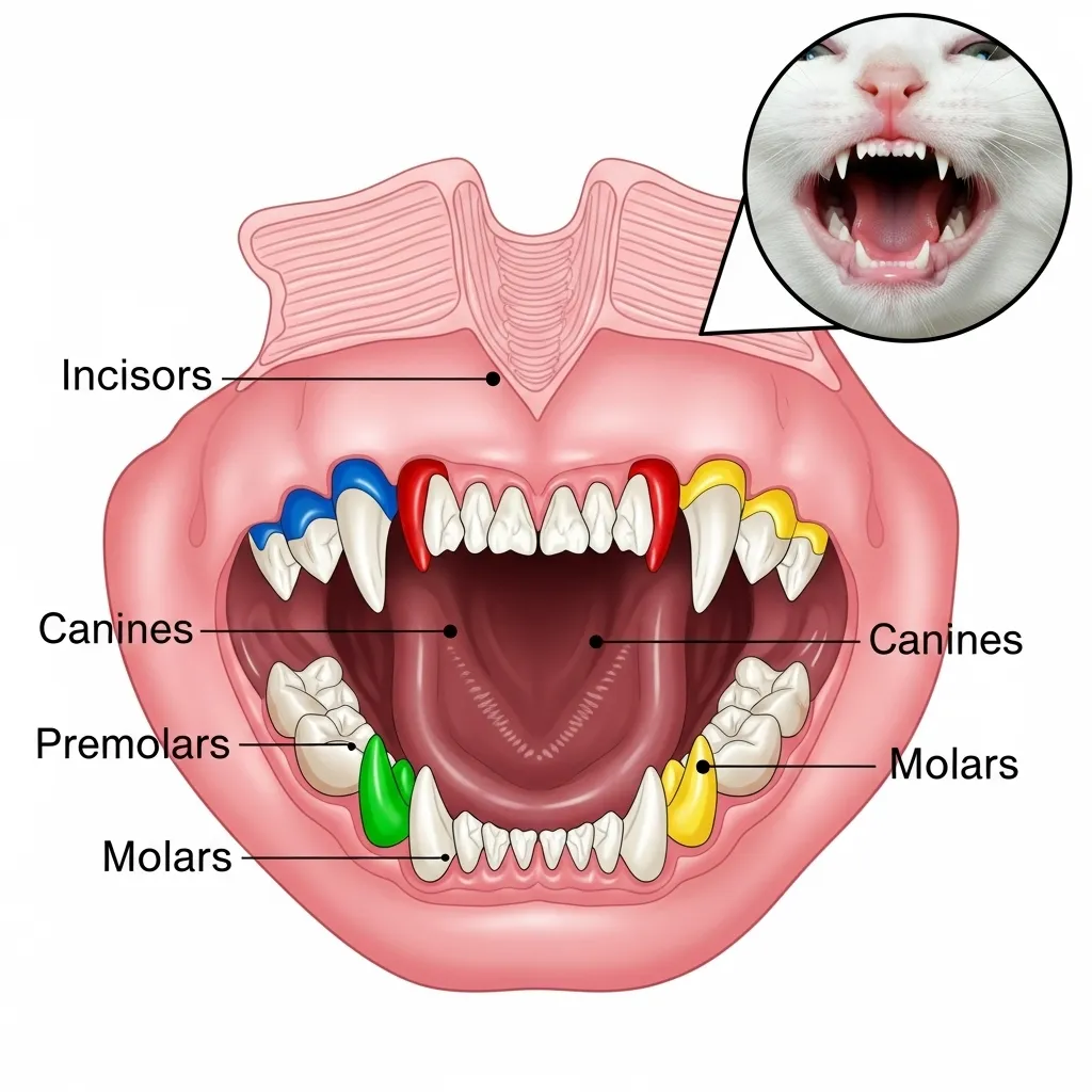  Cat teeth anatomy diagram showing 30 adult teeth including incisors, canines, premolars, and molars