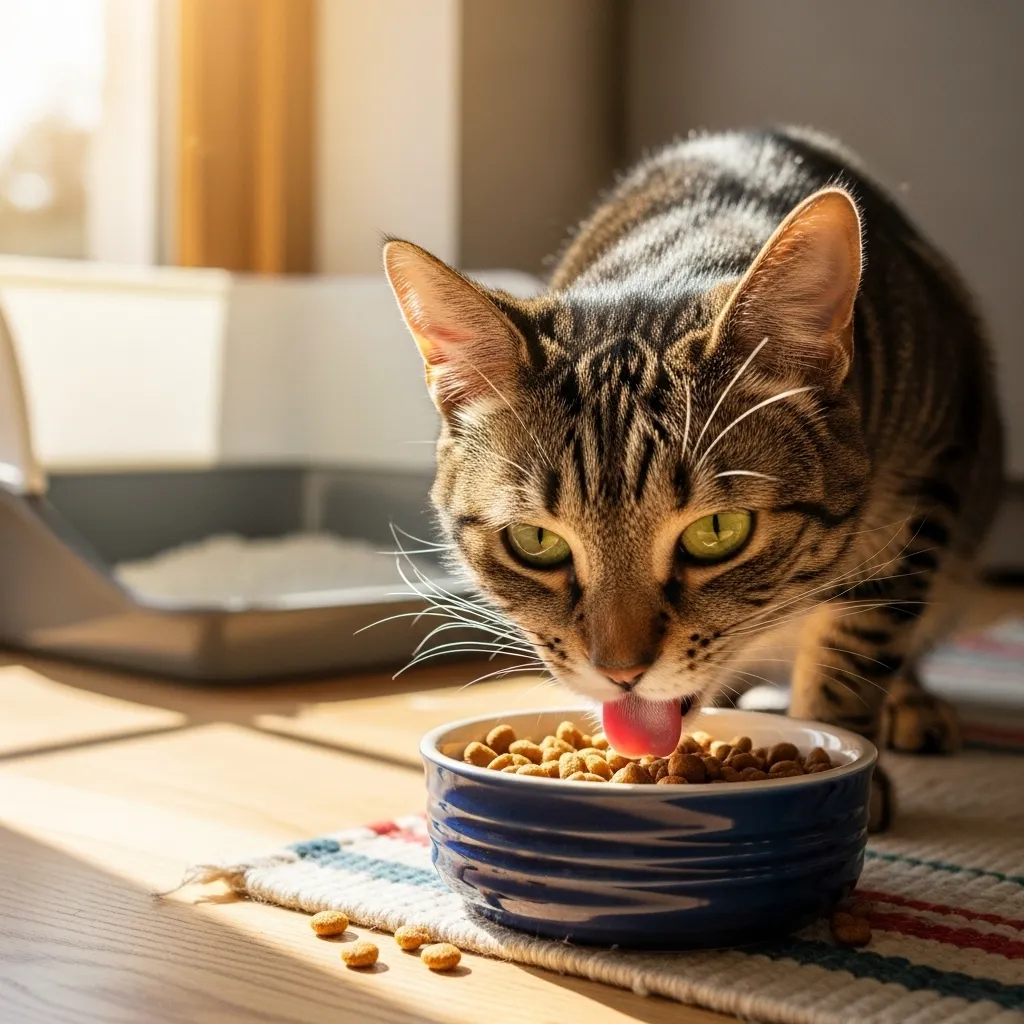 Post-deworming care: healthy cat eating and clean environment