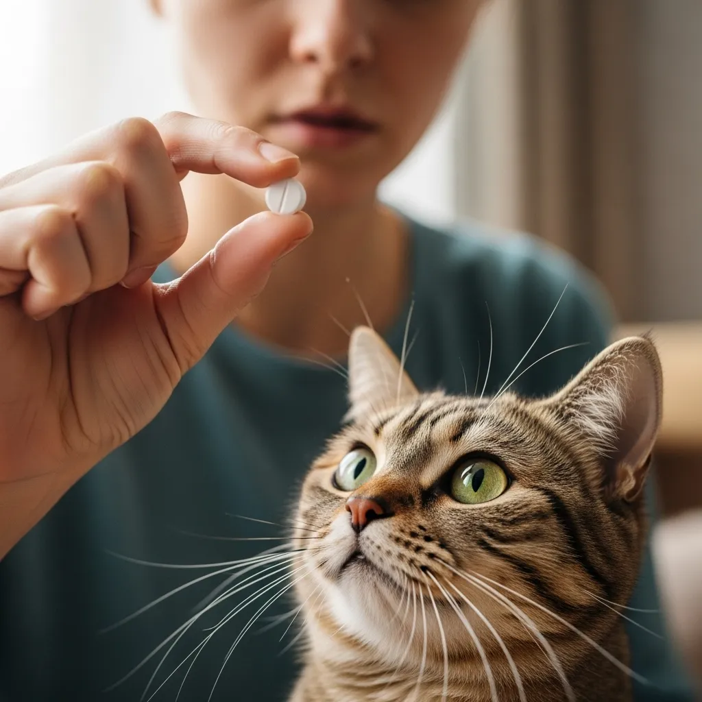 Cat parent preparing to give deworming medication to curious cat