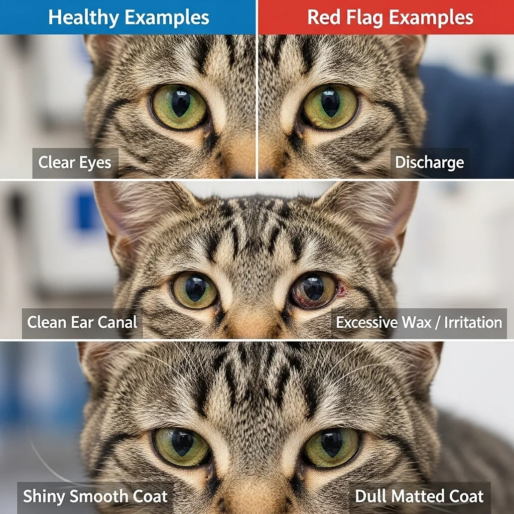 Red Flags When Adopting a Cat 2 Visual guide to identifying neglected cats by examining eyes, ears, and coat during adoption.