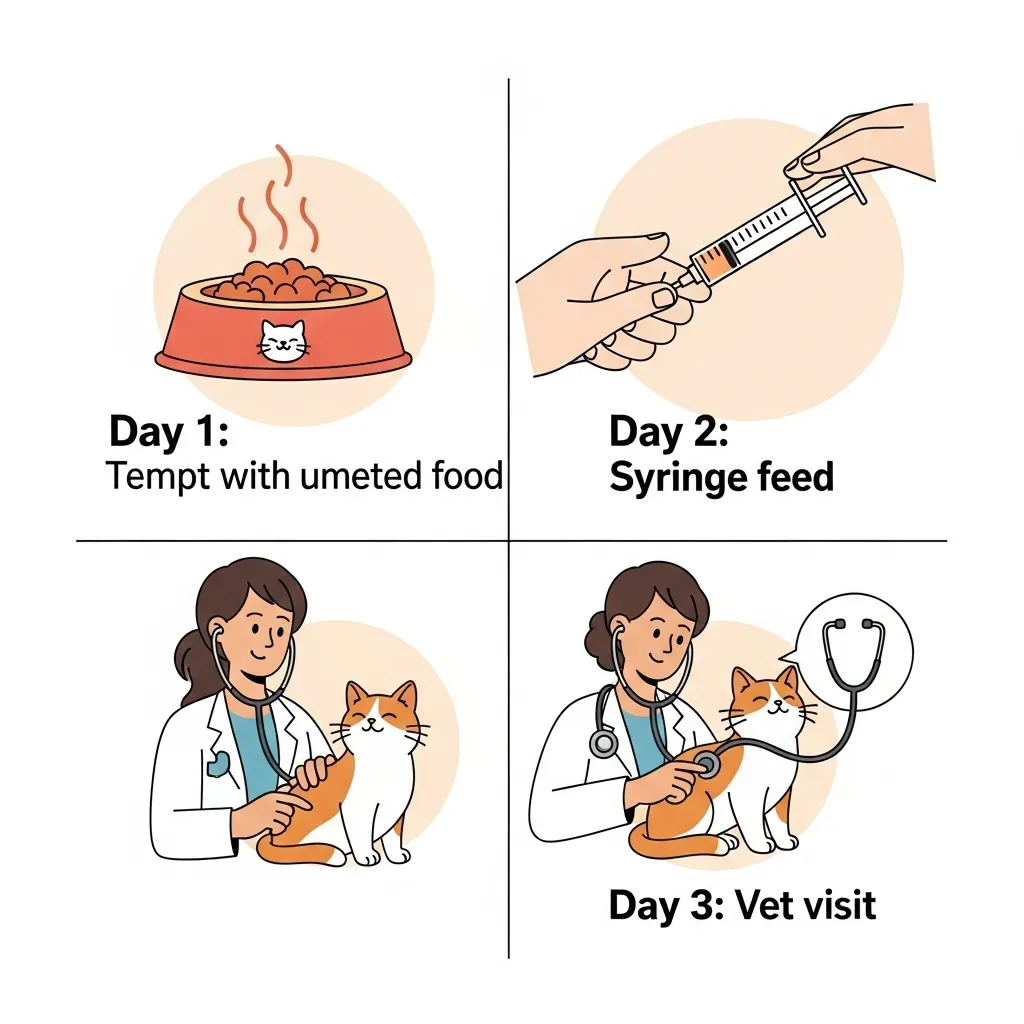 Action plan when cat not eating including appetite stimulants and vet timeline.