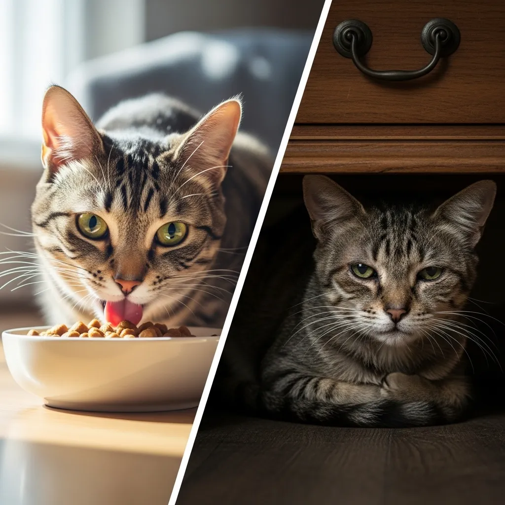  Behavioral and physical signs of illness in cats including hiding and dehydration.