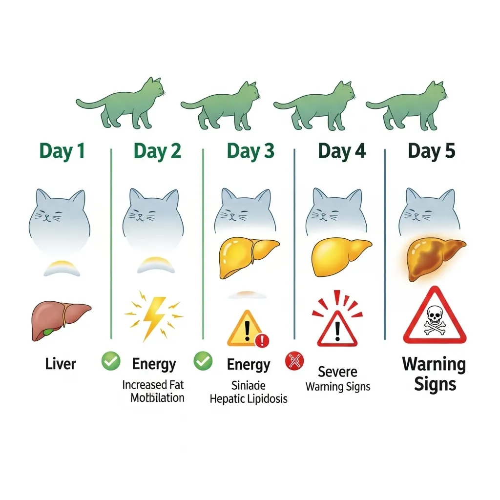  Timeline of how long a cat can survive without food and risks of hepatic lipidosis.