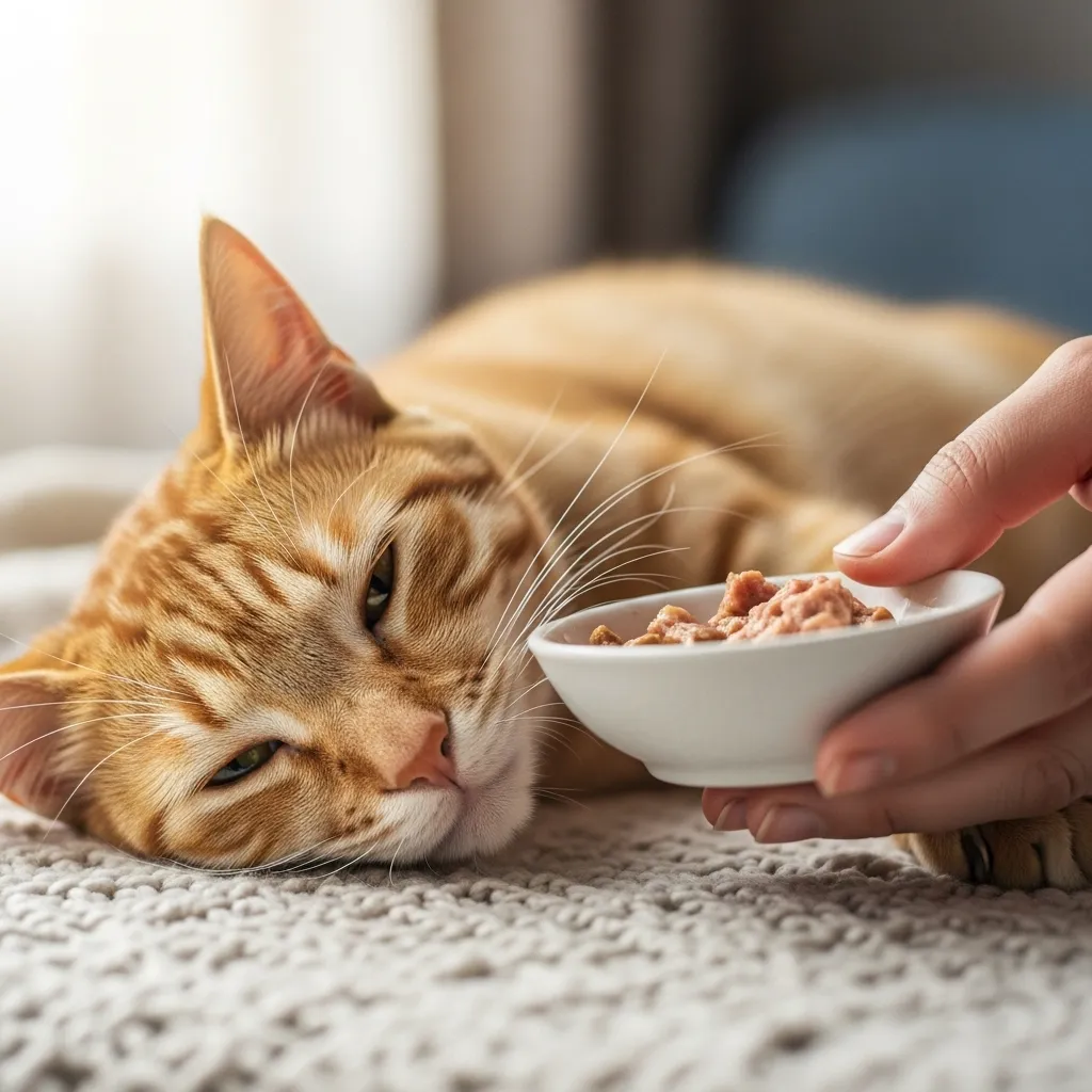 Cat parent trying to feed a cat not eating, showing concern for feline appetite loss.
