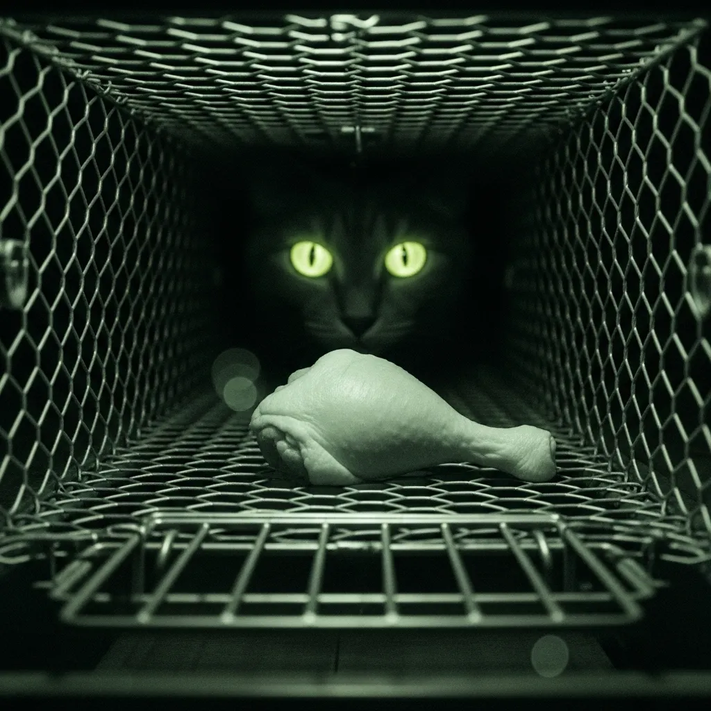 Humane trap successfully lures scared cat hiding outside at night.