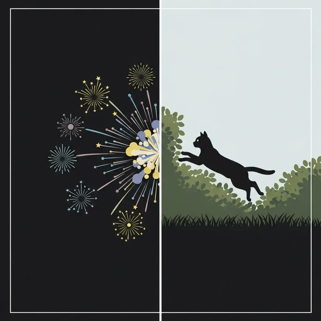 Common environmental triggers that cause cats to hide outside – fireworks, dogs, storms.