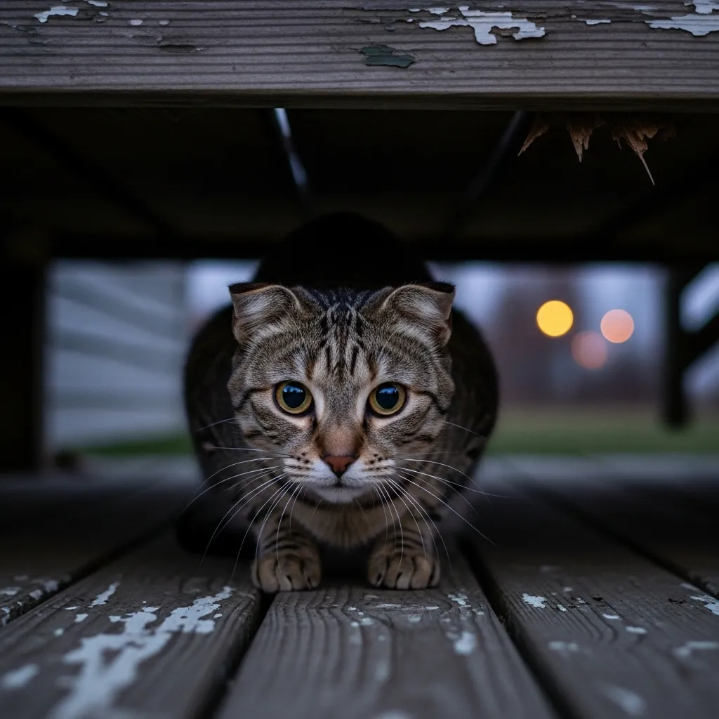 Scared cat hiding outside under deck at night – typical behavior when frightened.