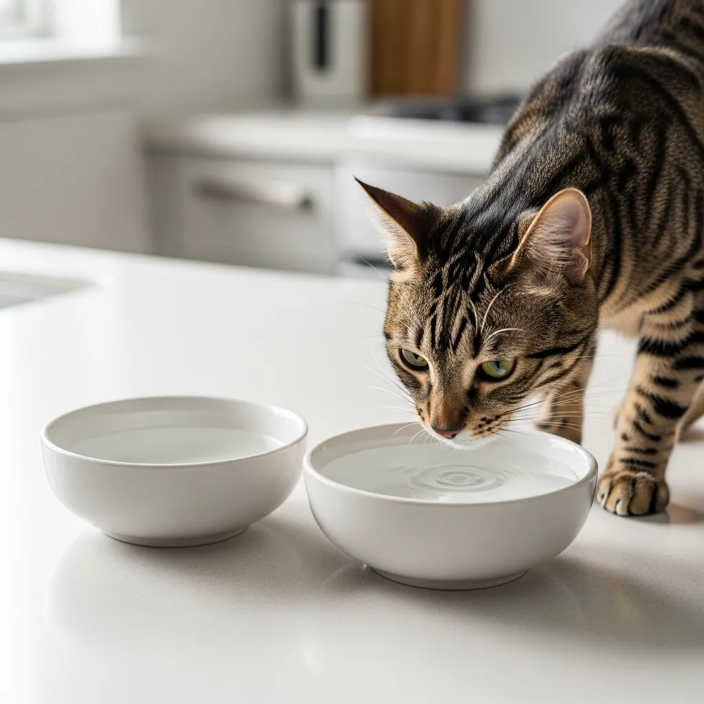 Cat checking water bowl, illustrating dehydration signs in cats