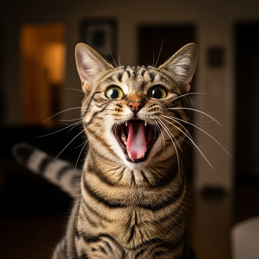 Cat walking around meowing at night, showing typical feline vocal behavior.