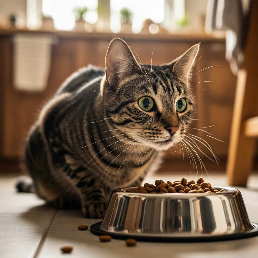 Cat waiting for owner to watch her eat, illustrating common cat eating behavior.