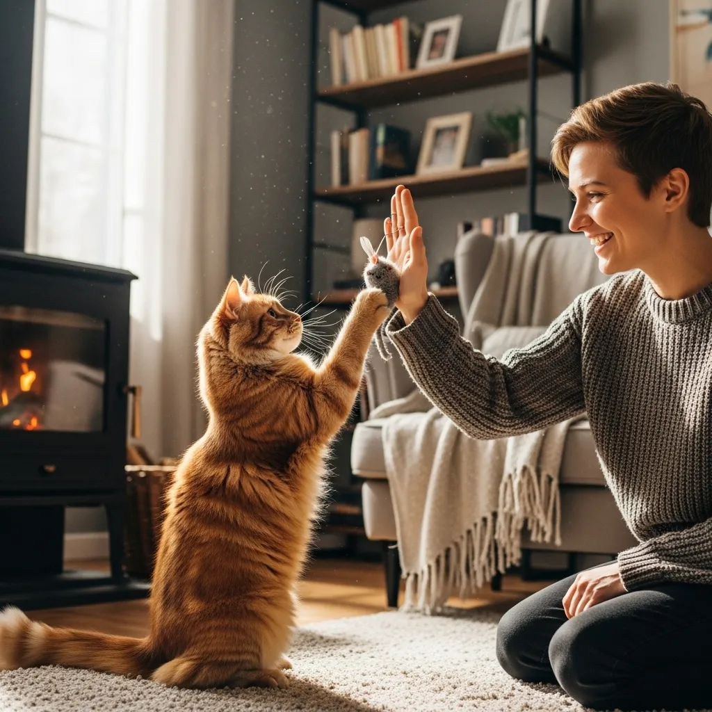 Owner and cat celebrating successful play session instead of real prey