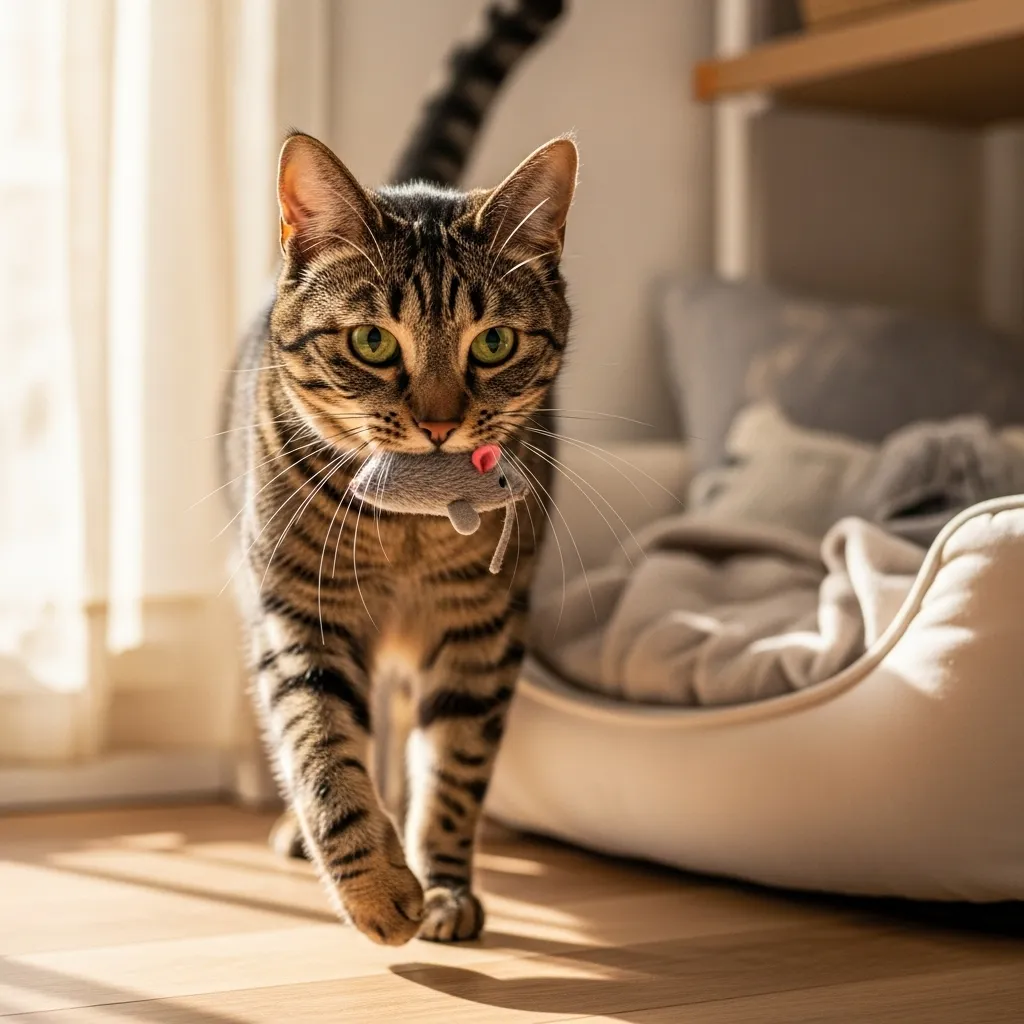 Cat carrying toy mouse as simulated prey gift to owner