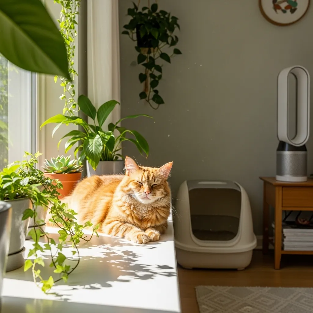  Cat enjoying a fresh, odor-free home after successful cleaning