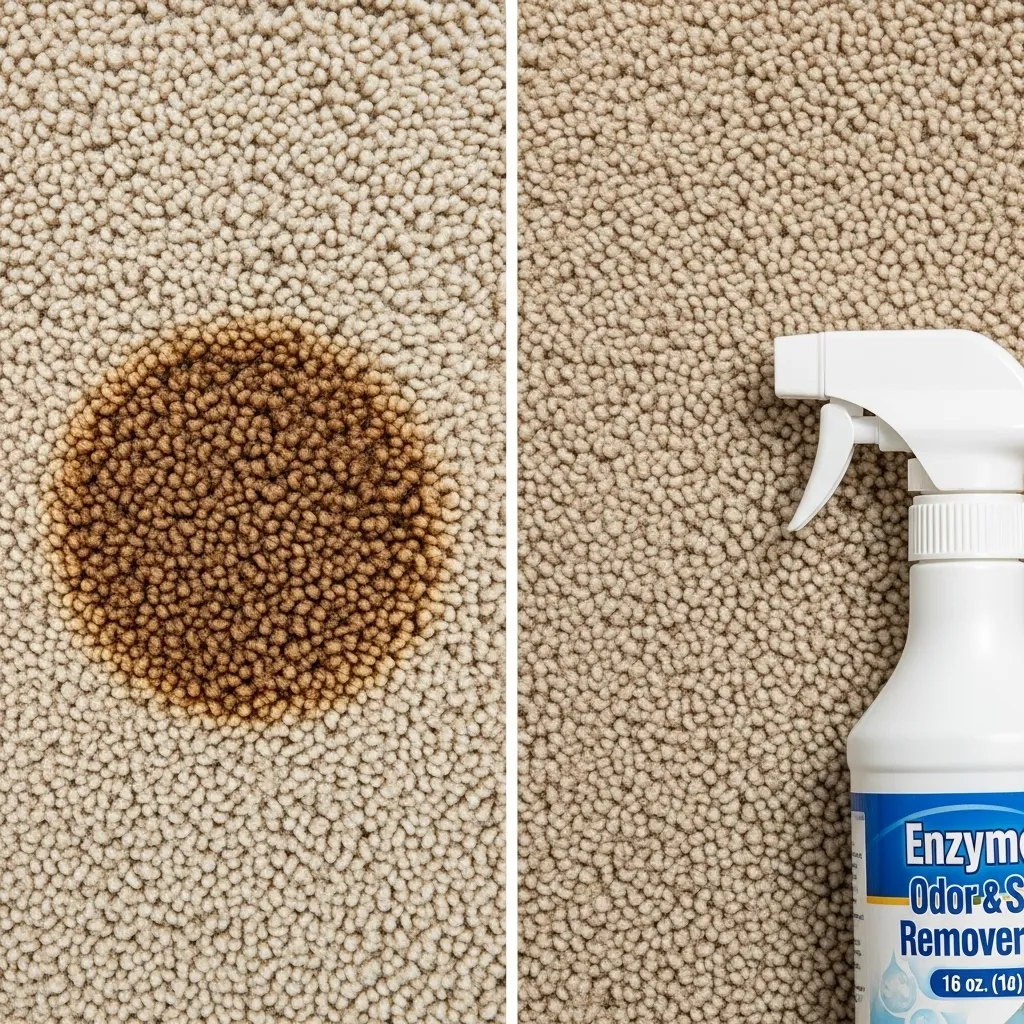  Old cat urine stain on carpet before and after enzyme cleaner treatment]