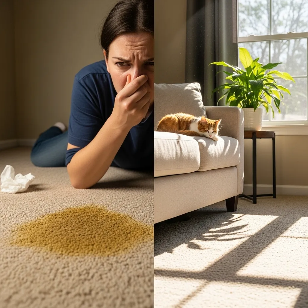 Before and after cat odor removal in a living room – fresh home transformation