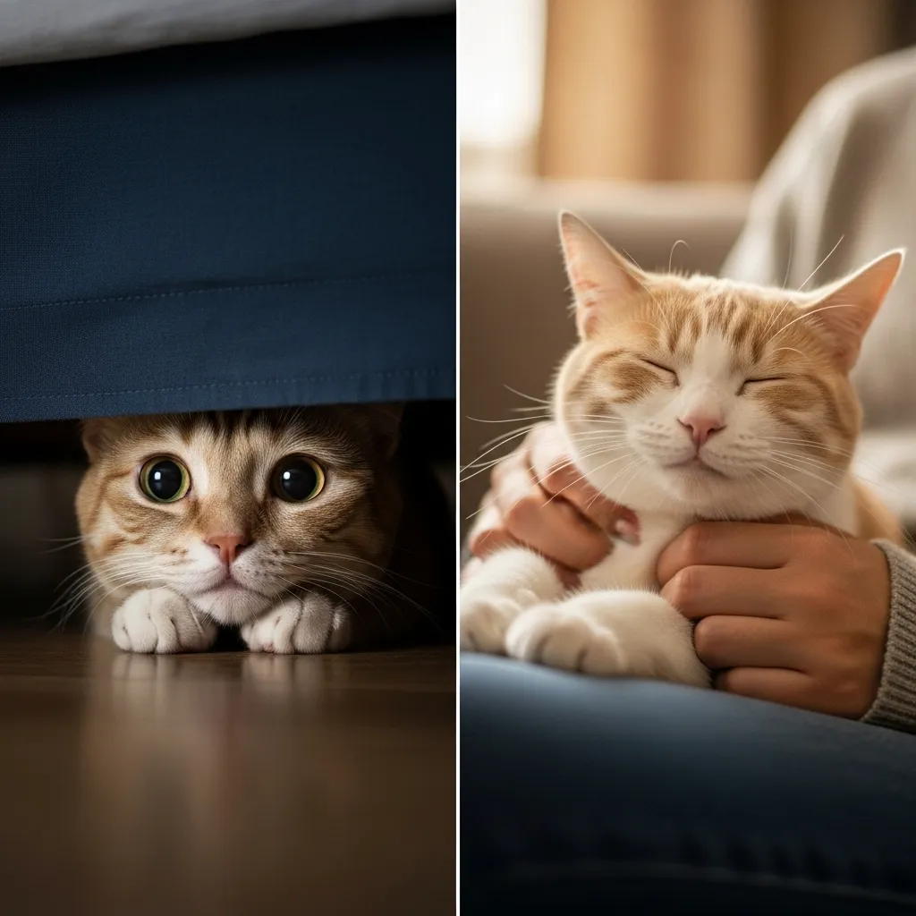 Trust-building timeline from fearful to affectionate cat