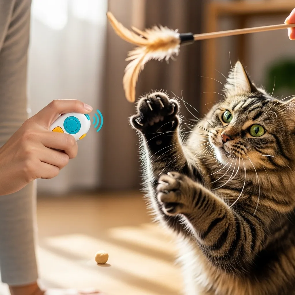 Positive reinforcement training session with shy cat
