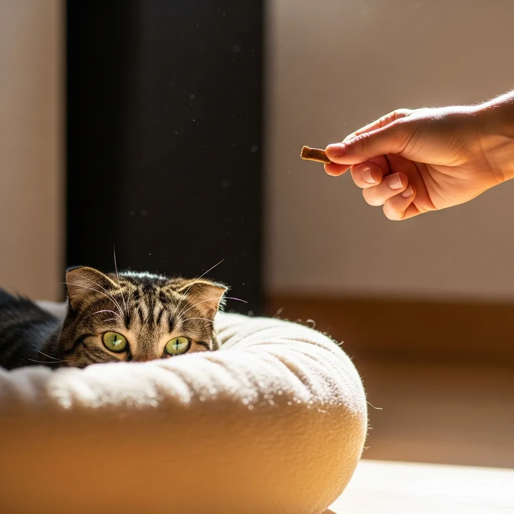 Shy cat beginning to trust human in safe home environment