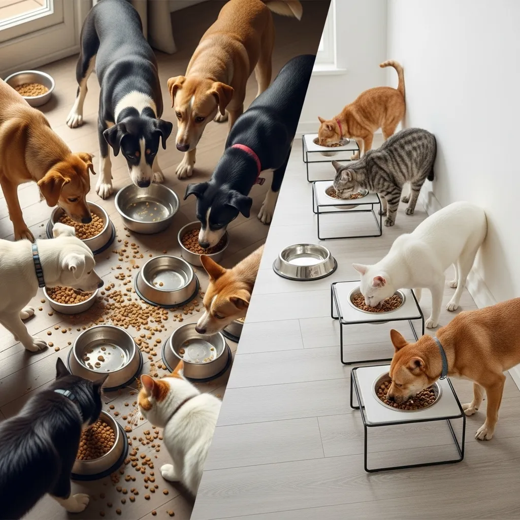 Transformation from chaotic pet feeding to organized dog-proof cat food setup.