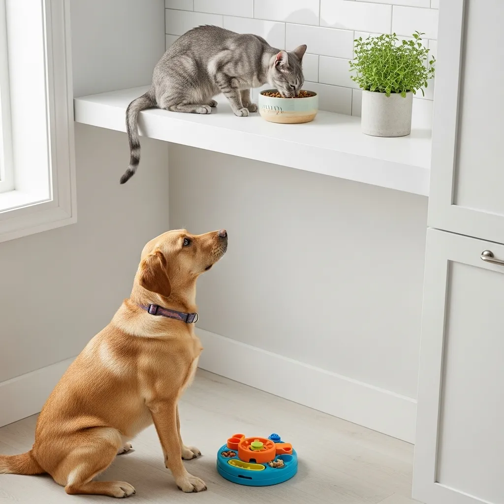  Elevated cat feeding station on kitchen shelf preventing dog access to cat food.