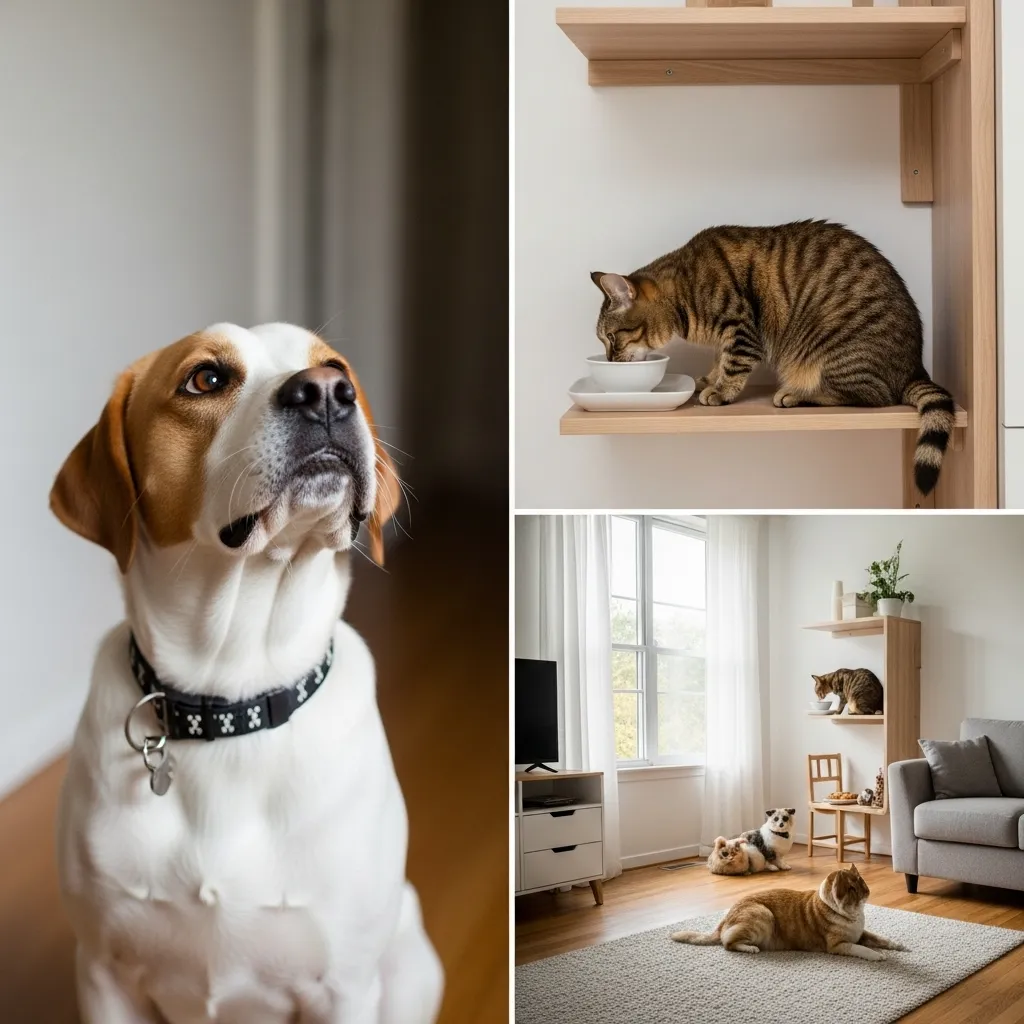 Dog looking up at cat eating on elevated shelf, illustrating effective dog-proof cat feeding solution.