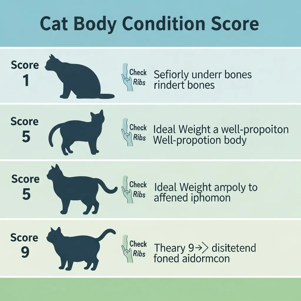 Cat body condition score chart showing ideal vs overweight cat silhouettes from above and side views.
