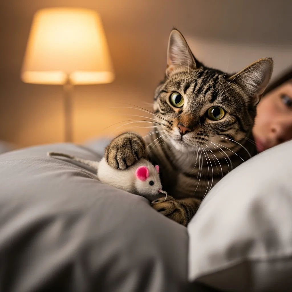 Cat bringing toy to bed – a sign of trust and cat-owner bonding