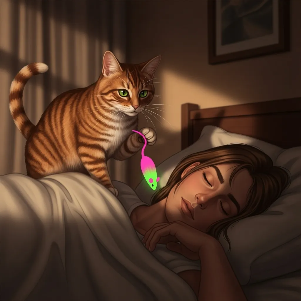 Cat bringing toy to owner at night – classic feline nocturnal behavior