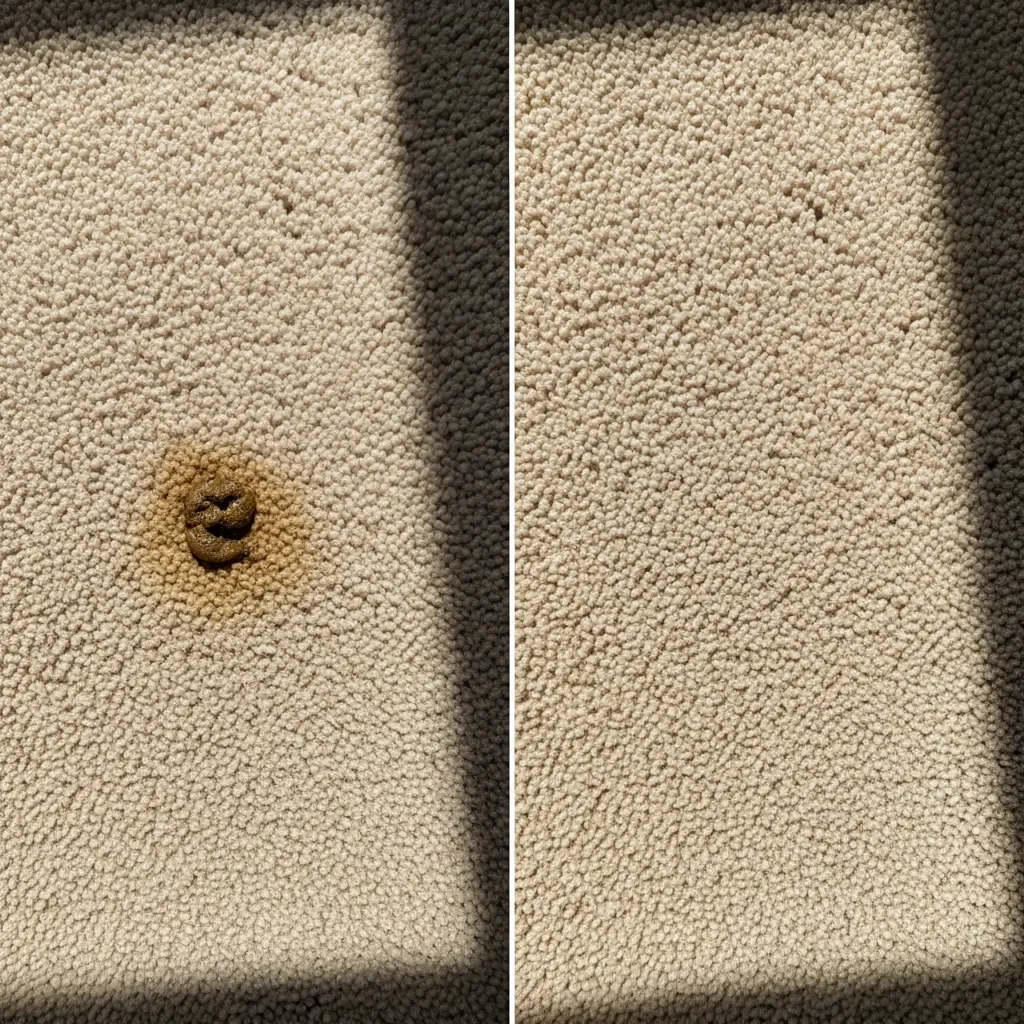 Before and after blotting cat poop stain with vinegar solution.