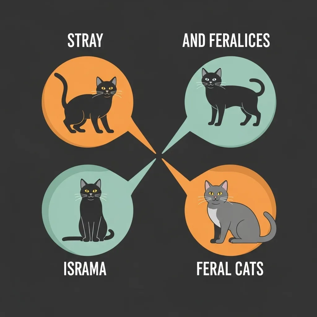 Visual comparison of stray vs feral cat behaviors.