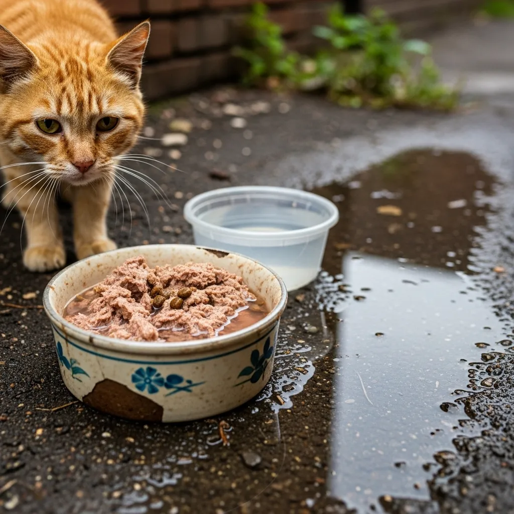 Safe feeding setup for stray cats.