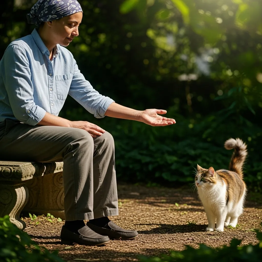 Person using slow blinks and extended hand with a stray cat.