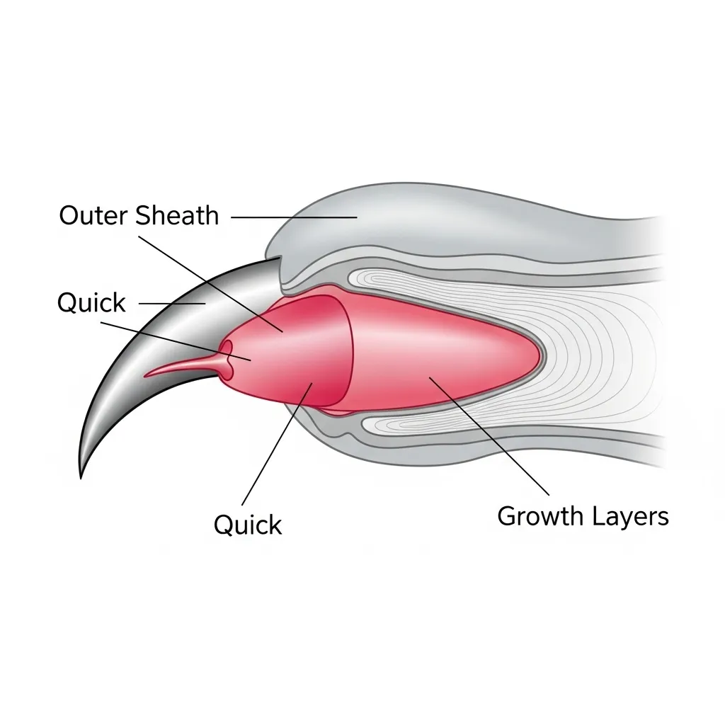 Cat nail anatomy diagram showing the quick and growth layers