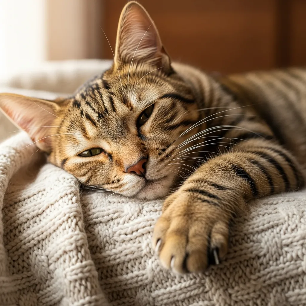 Healthy trimmed cat nails on relaxed tabby paw