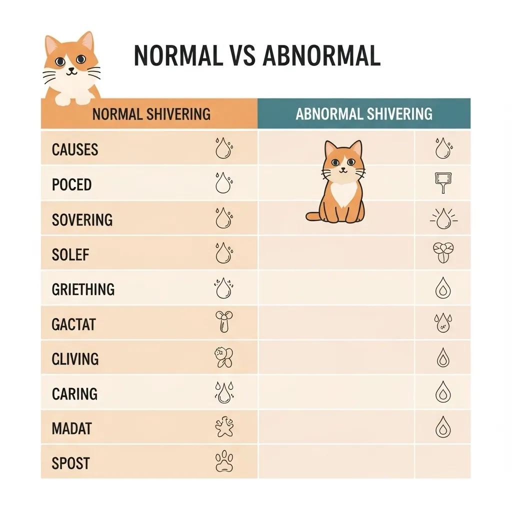 Why Is My Cat Shivering While Purring 3 Table comparing normal and abnormal cat shivering causes with symptoms and urgency levels.