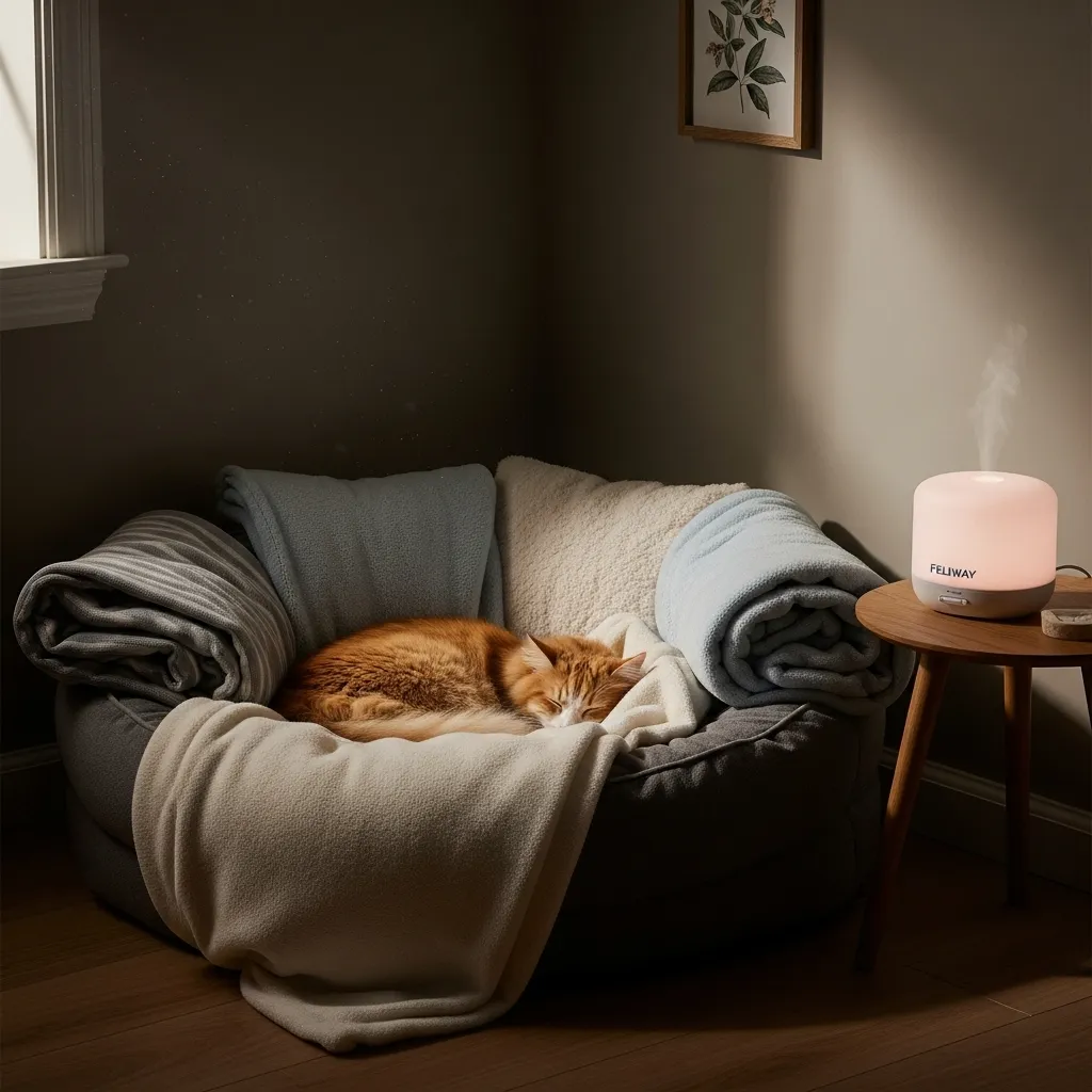  Calming environment setup to reduce excessive cat meowing.