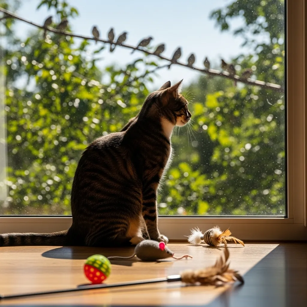 Bored cat seeking stimulation, common reason for random meowing